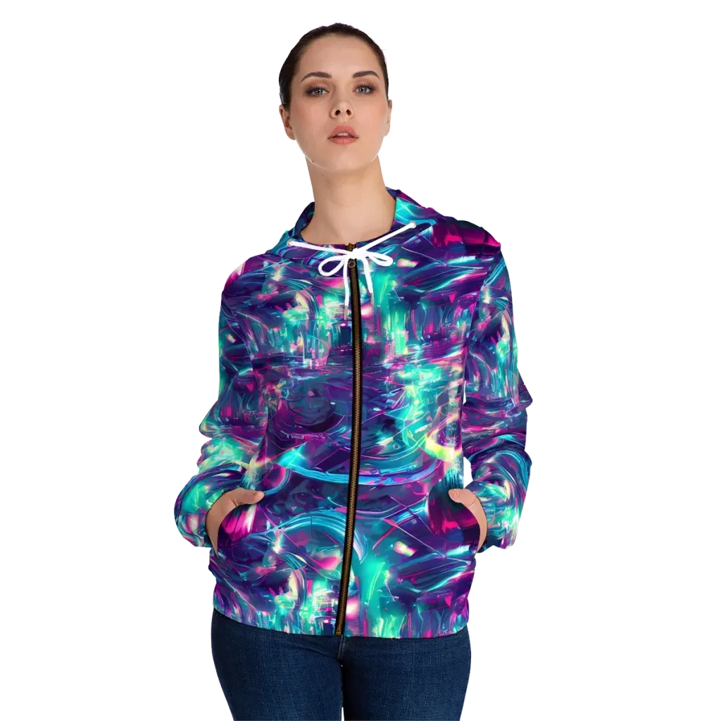 Synthwave Surge on Women's Full-Zip Hoodie — Front On Person