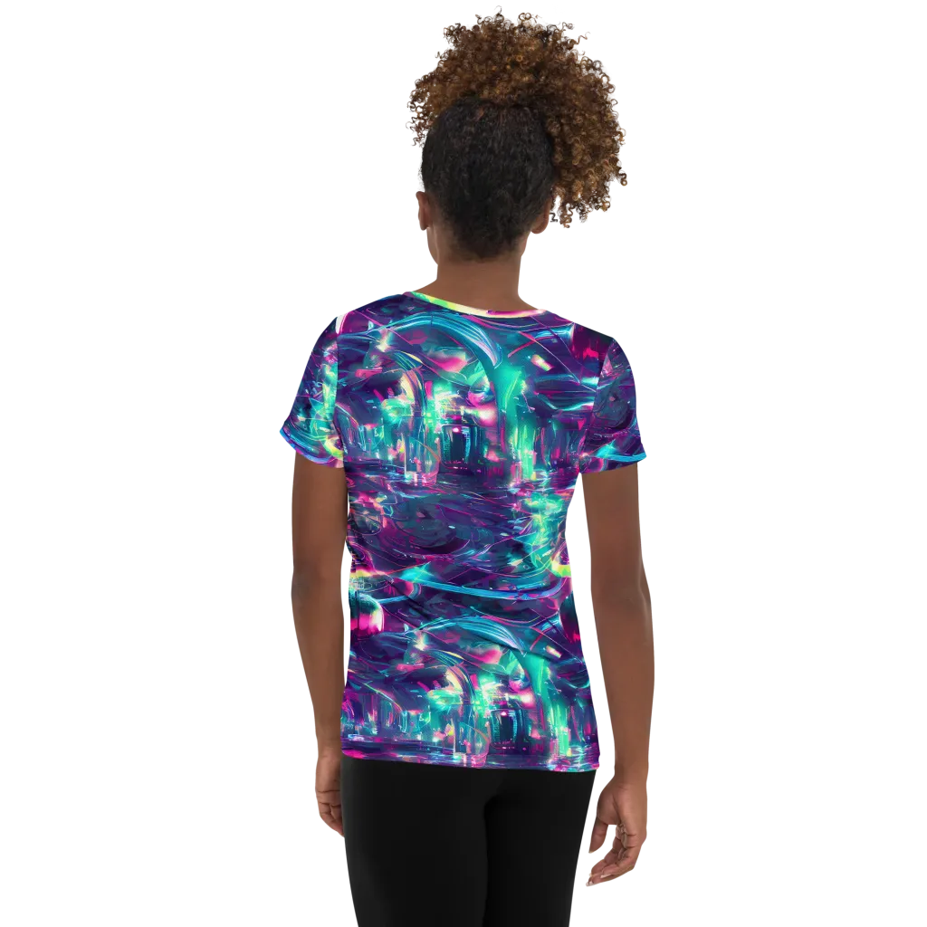 Synthwave Surge on Women's Athletic T-Shirt — Back