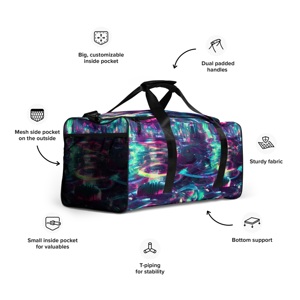 Synthwave Surge on Duffle Bag — Right Front