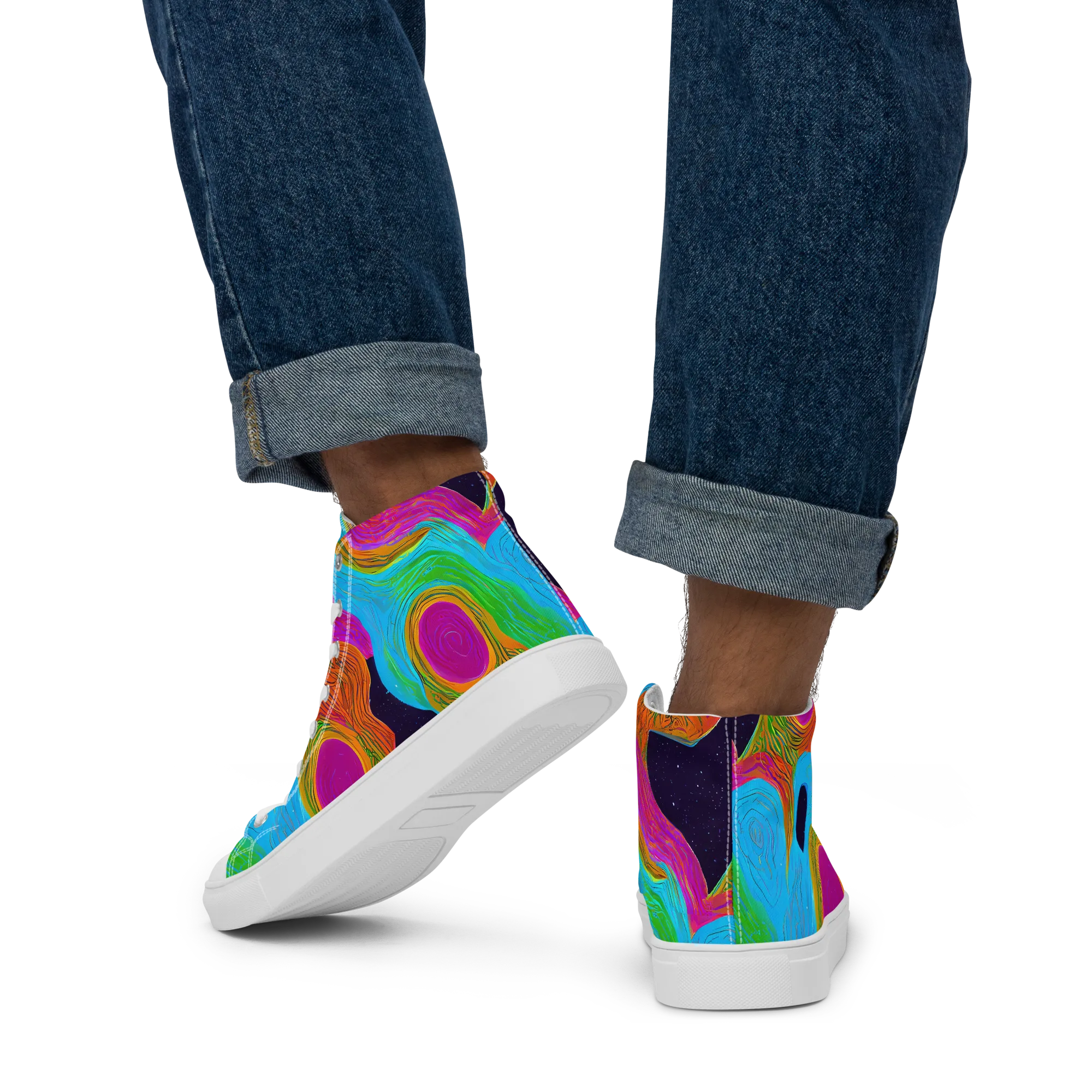 Galactic Harmony on Men's High Top Canvas Shoes — Back