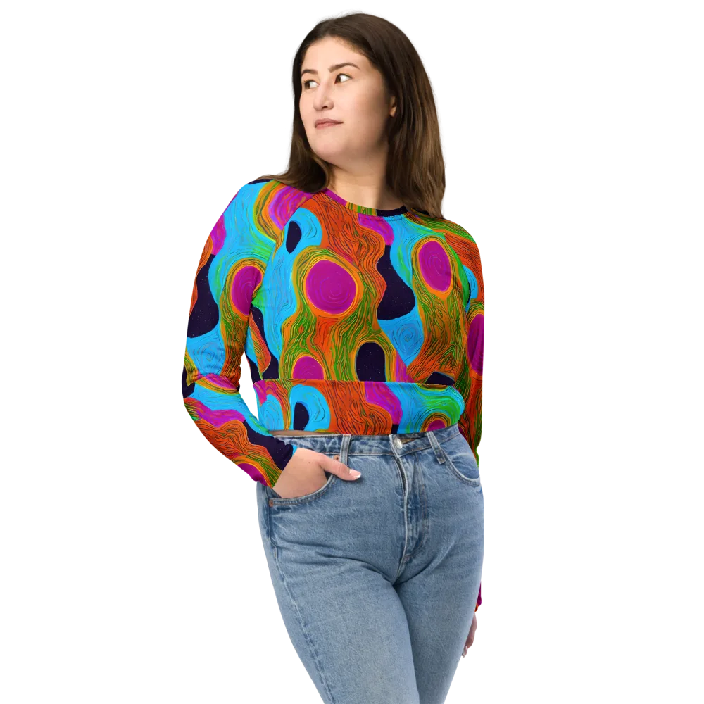 Galactic Harmony on Long Sleeve Crop Top — Front