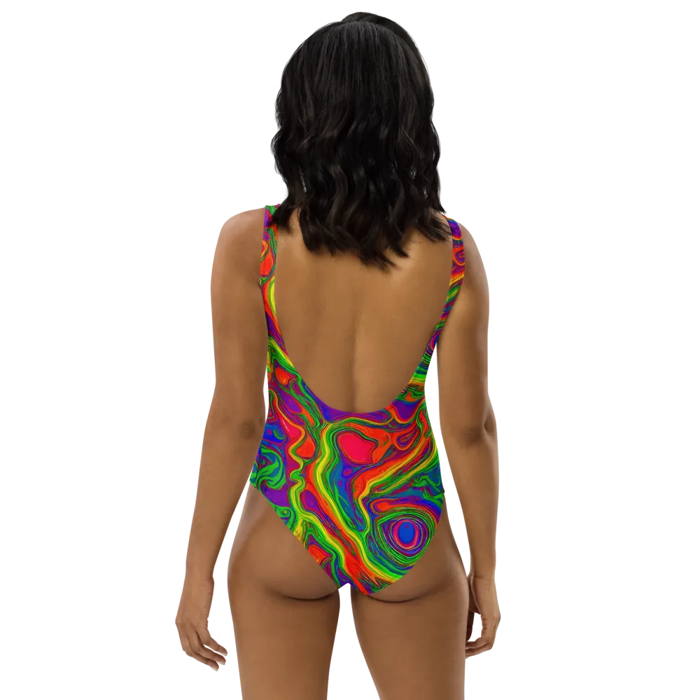 Psychedelic Waves on One-Piece Swimsuit — Back