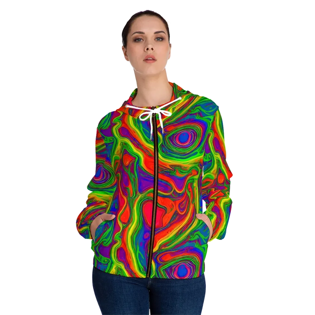 Psychedelic Waves on Women's Full-Zip Hoodie — Front On Person