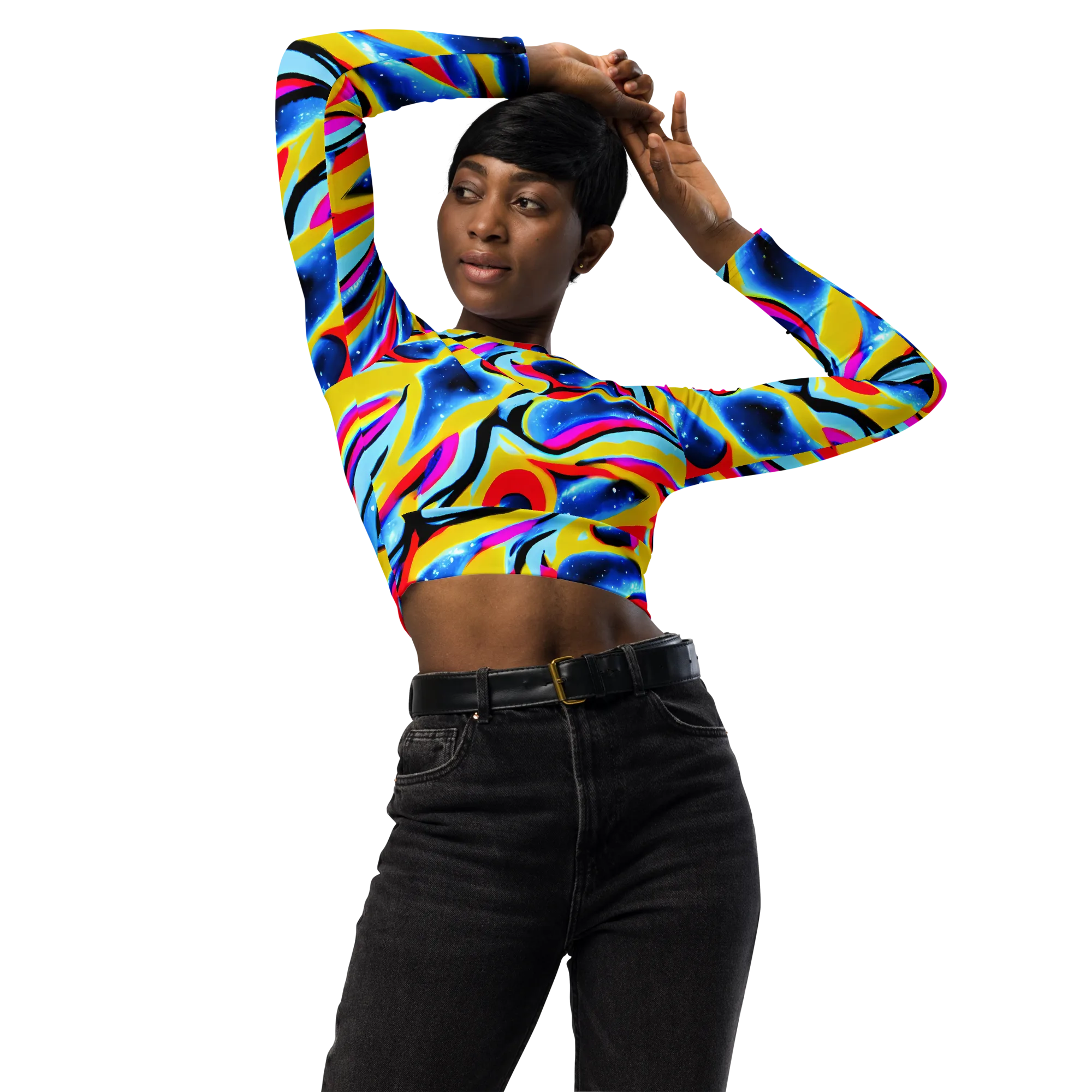 Electric Dreamscape on Long Sleeve Crop Top — Front