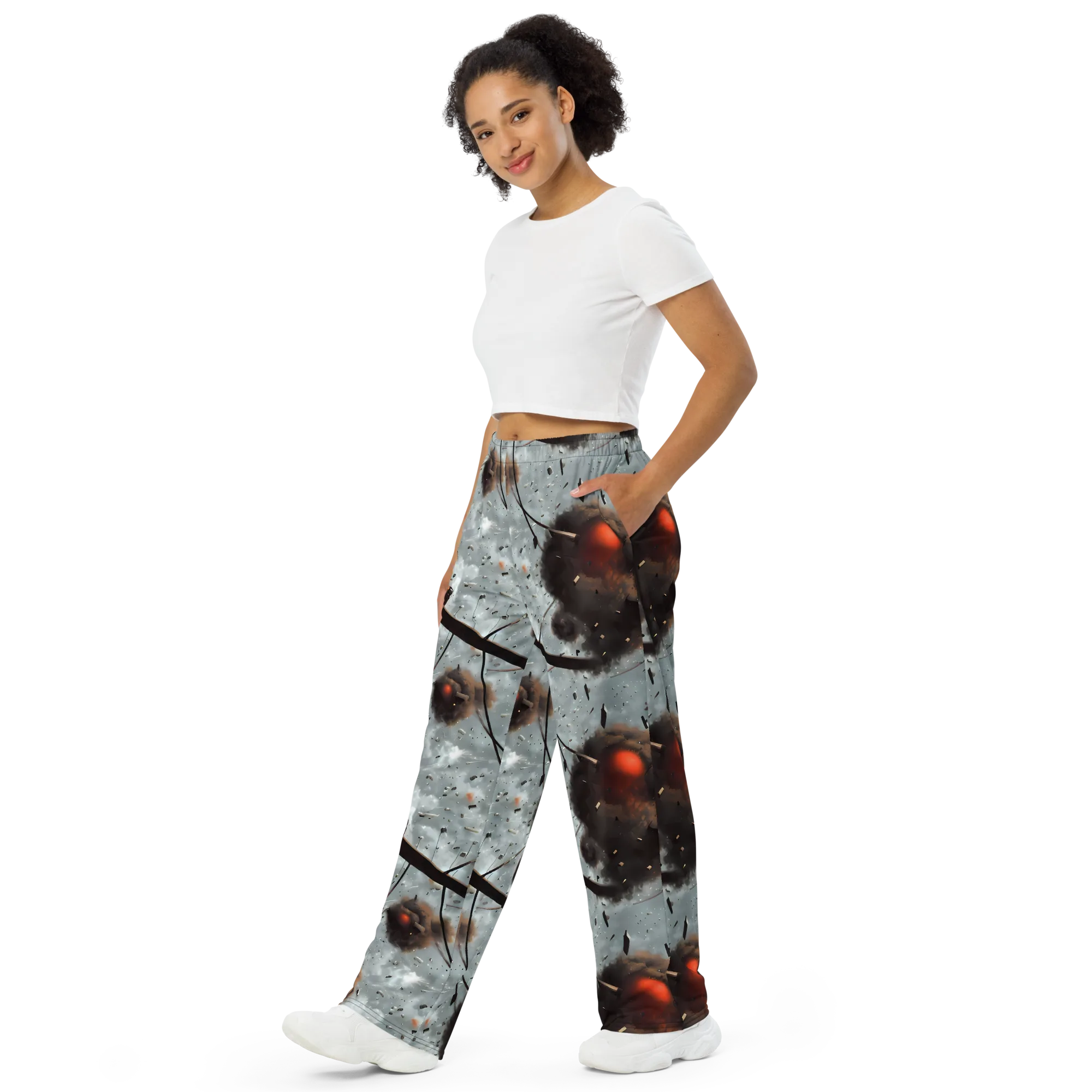 Celestial Collision on Wide-Leg Pants — Left Front