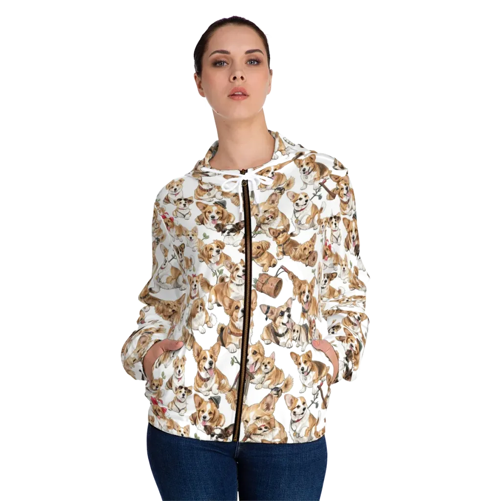 Corgi Country Club on Women's Full-Zip Hoodie — Front On Person
