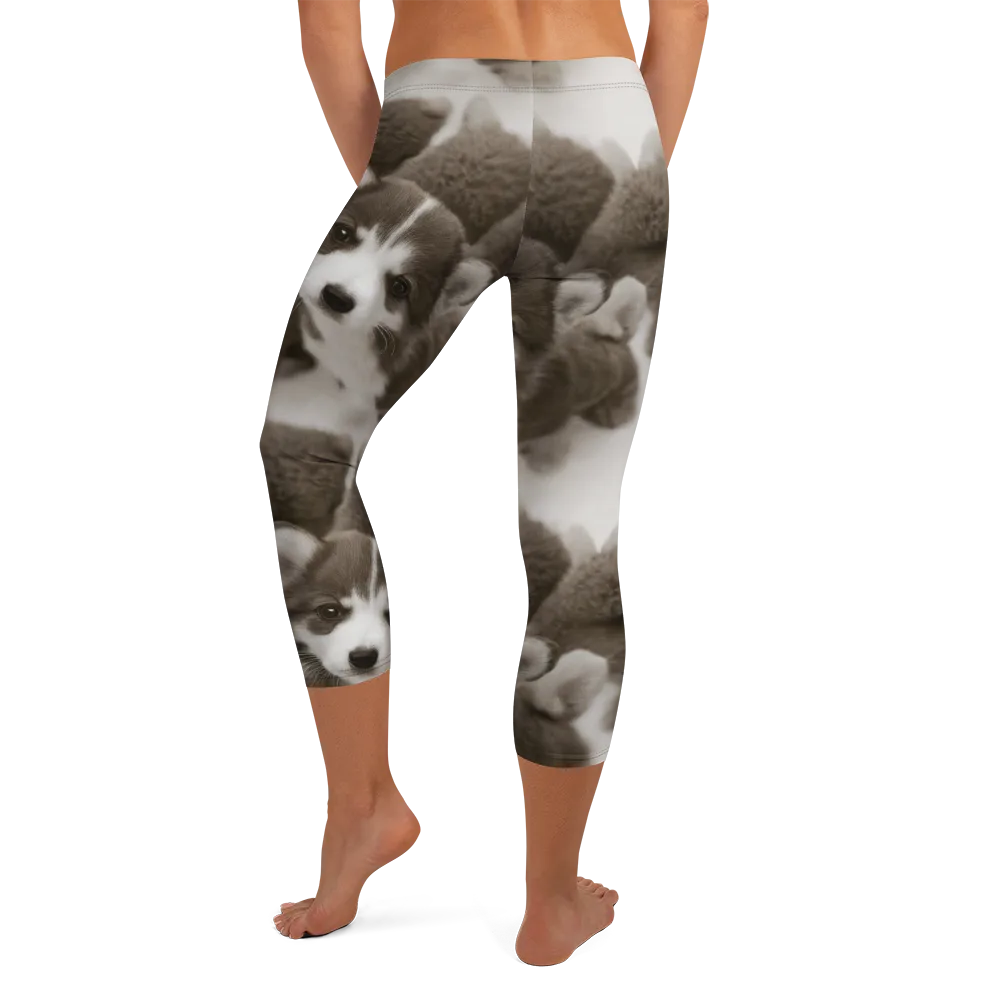 Sepia Puppy Parade on Capri Leggings — Back