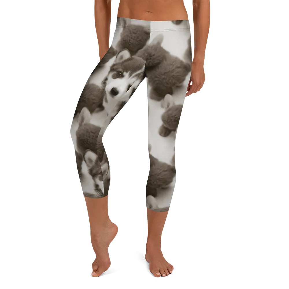 Sepia Puppy Parade on Capri Leggings — Front