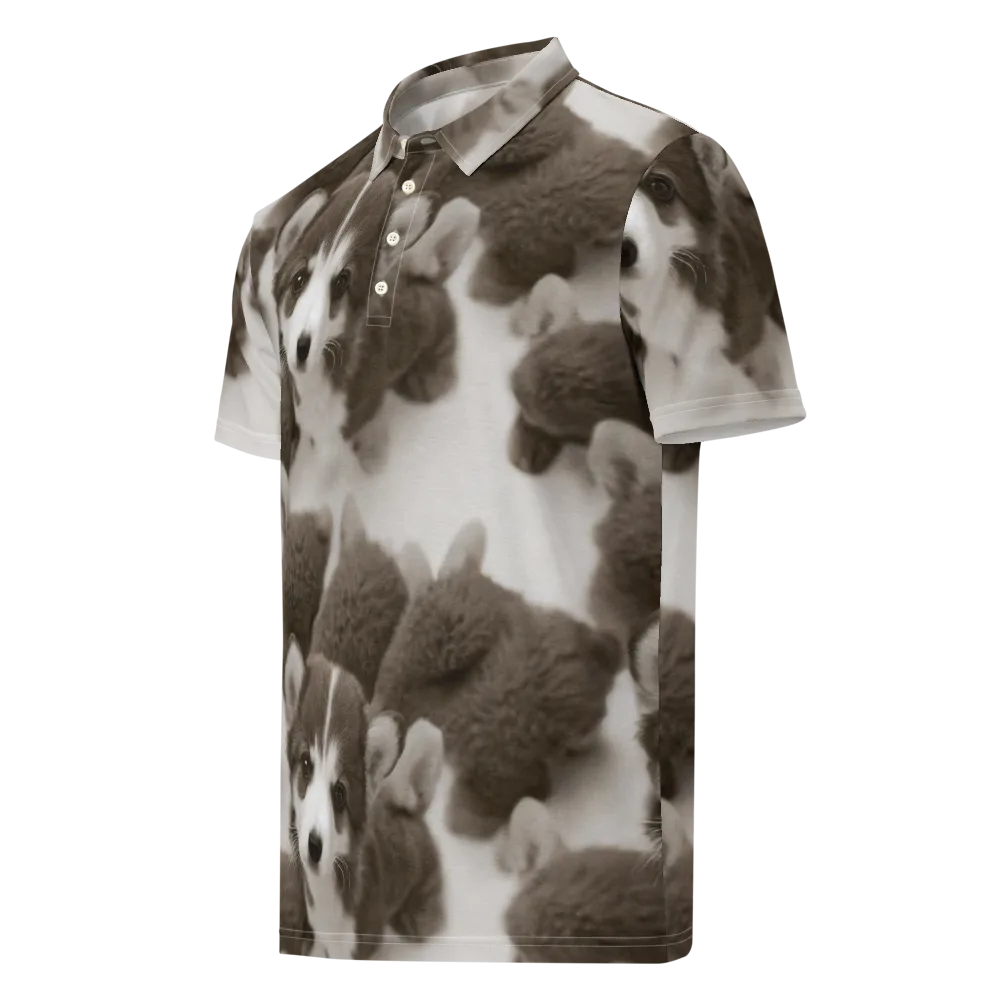 Sepia Puppy Parade on Men's Slim Fit Polo Shirt — Left Front