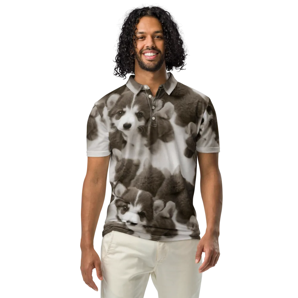 Sepia Puppy Parade on Men's Slim Fit Polo Shirt — Front