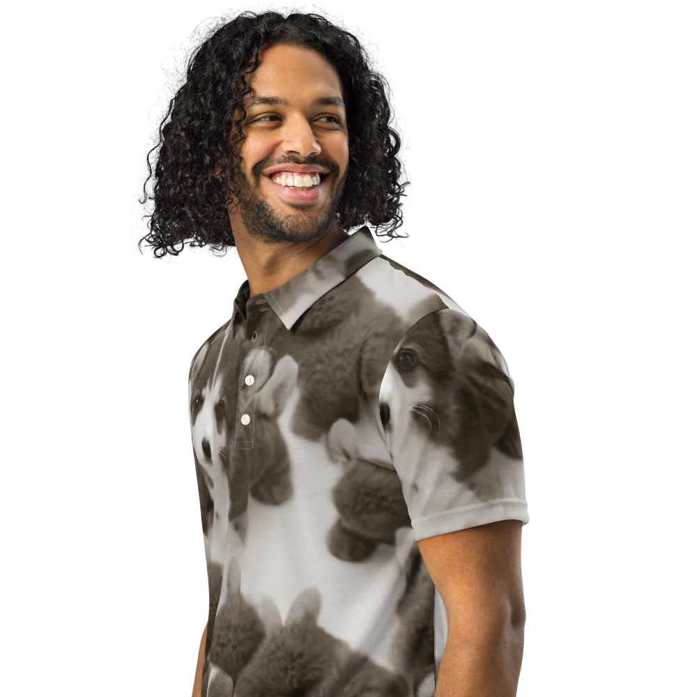 Sepia Puppy Parade on Men's Slim Fit Polo Shirt — Left Front