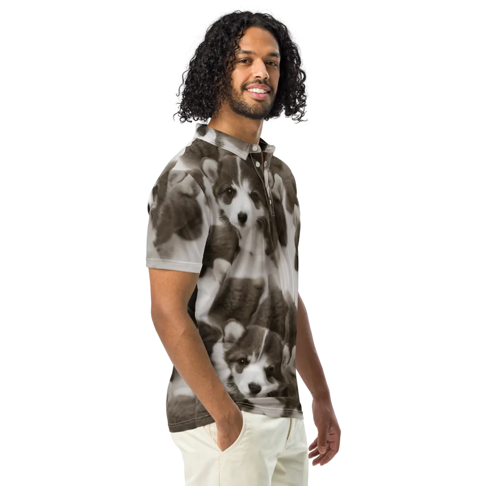 Sepia Puppy Parade on Men's Slim Fit Polo Shirt — Right Front