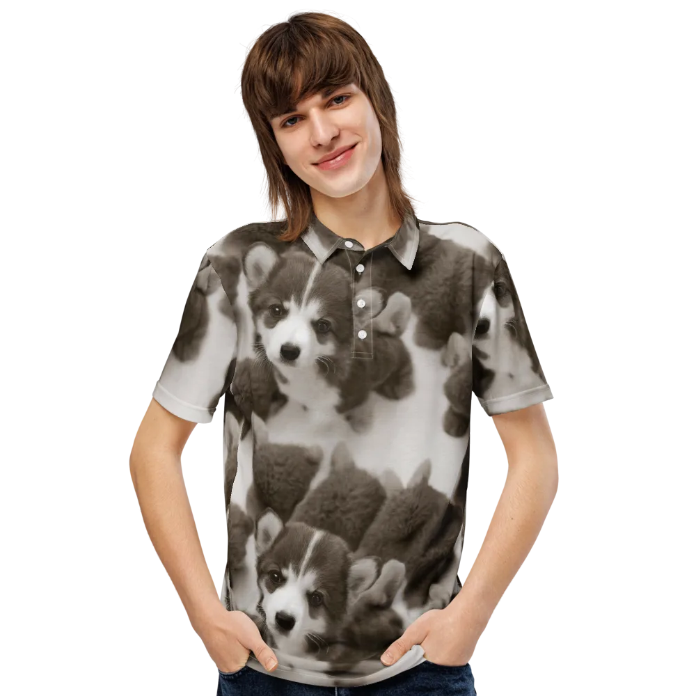 Sepia Puppy Parade on Men's Slim Fit Polo Shirt — Front