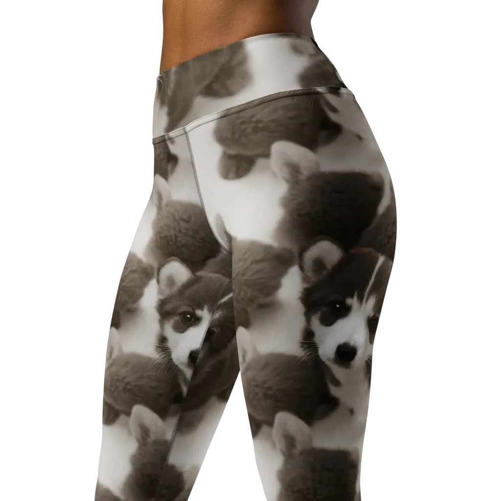 Sepia Puppy Parade on Yoga Leggings — Left Front