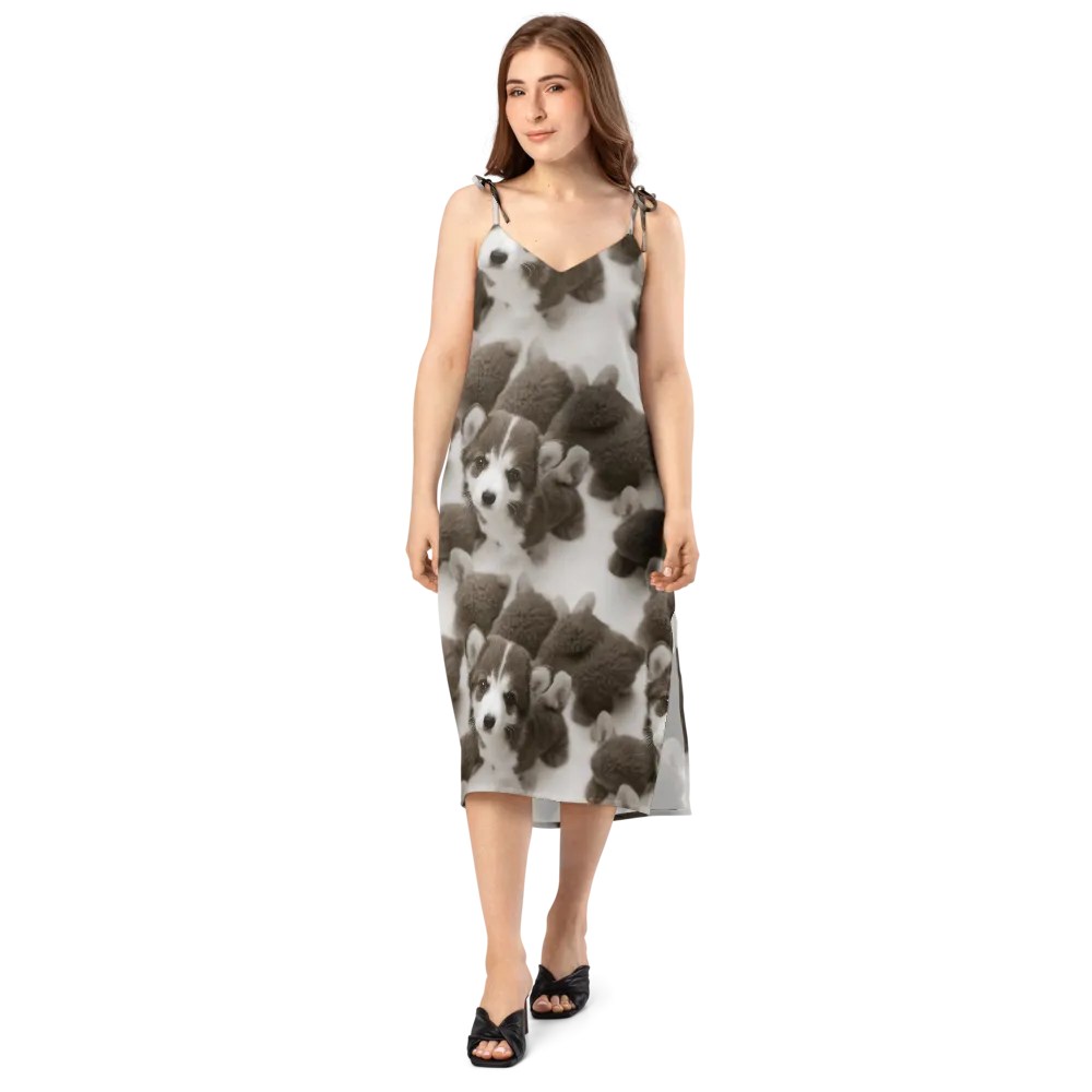 Sepia Puppy Parade on Slip Dress — Front