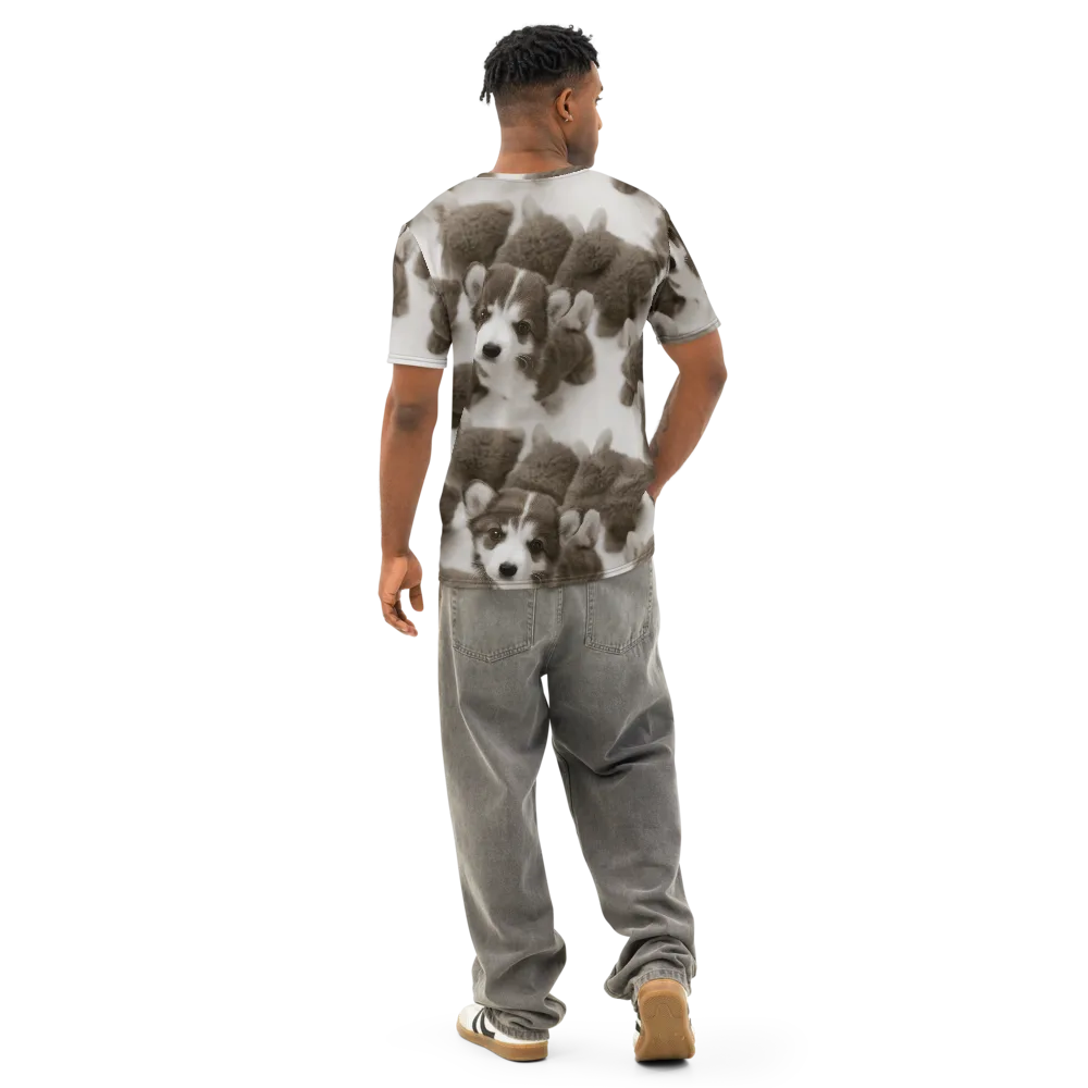 Sepia Puppy Parade on Men's Cotton Crew Neck T-Shirt — Back