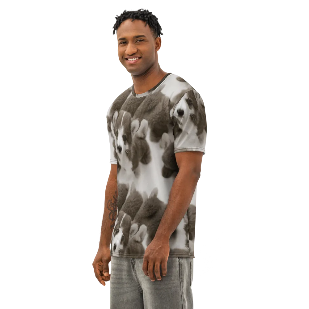 Sepia Puppy Parade on Men's Cotton Crew Neck T-Shirt — Left Front