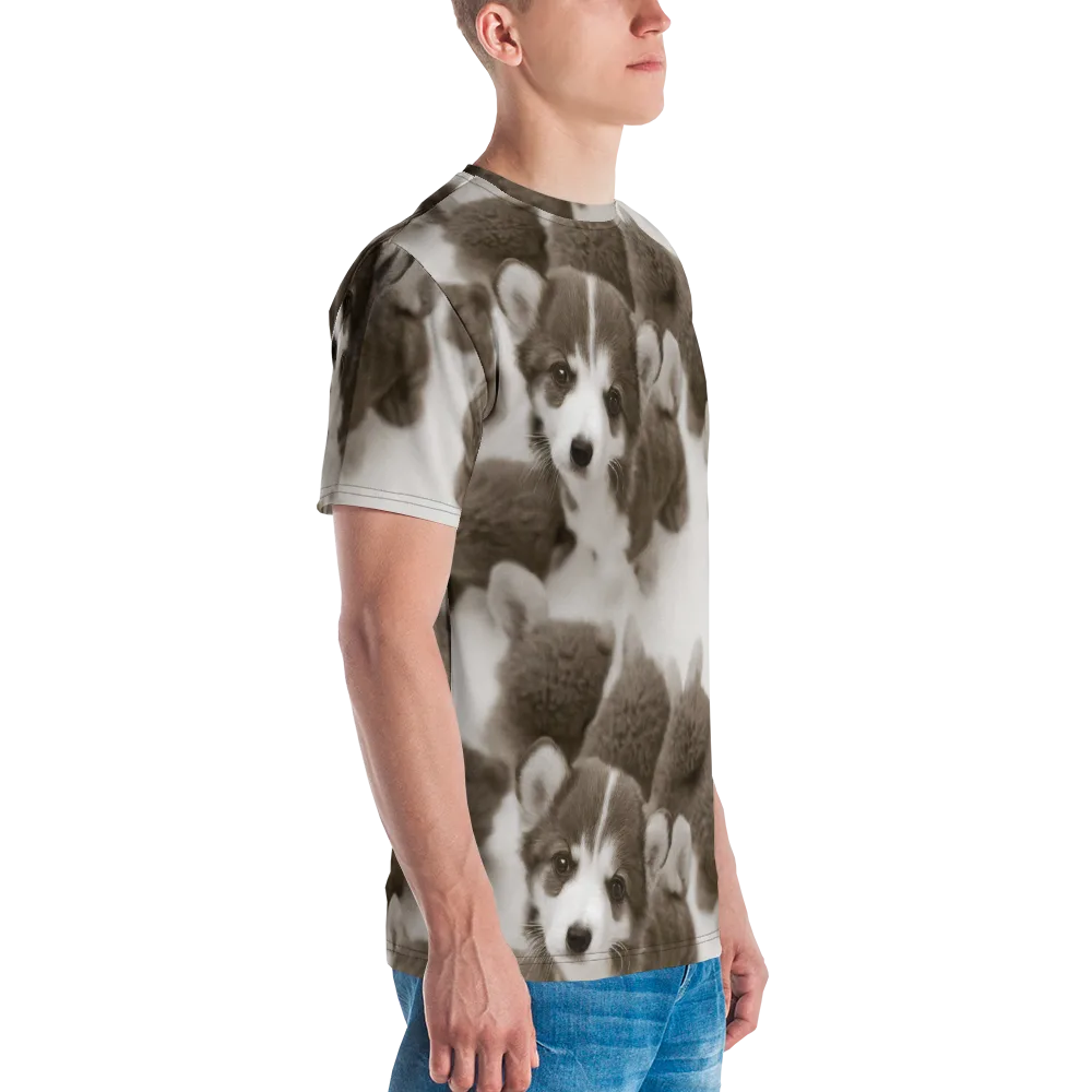 Sepia Puppy Parade on Men's Crew Neck T-Shirt — Right