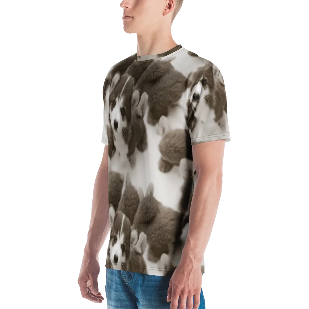 Sepia Puppy Parade on Men's Crew Neck T-Shirt — Left