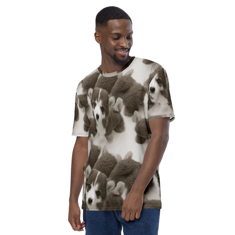 Sepia Puppy Parade on Men's Crew Neck T-Shirt — Left