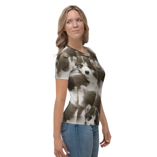 Sepia Puppy Parade on a Women's Crew Neck T-Shirt