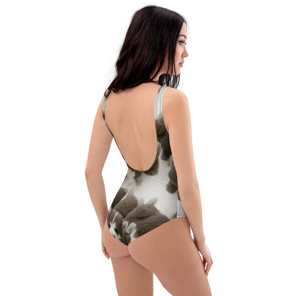 Sepia Puppy Parade on One-Piece Swimsuit — Right Back