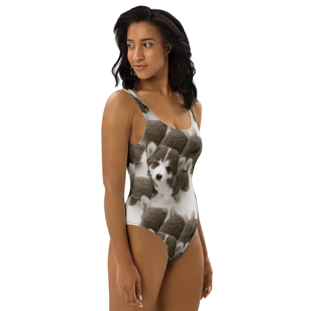 Sepia Puppy Parade on One-Piece Swimsuit — Right