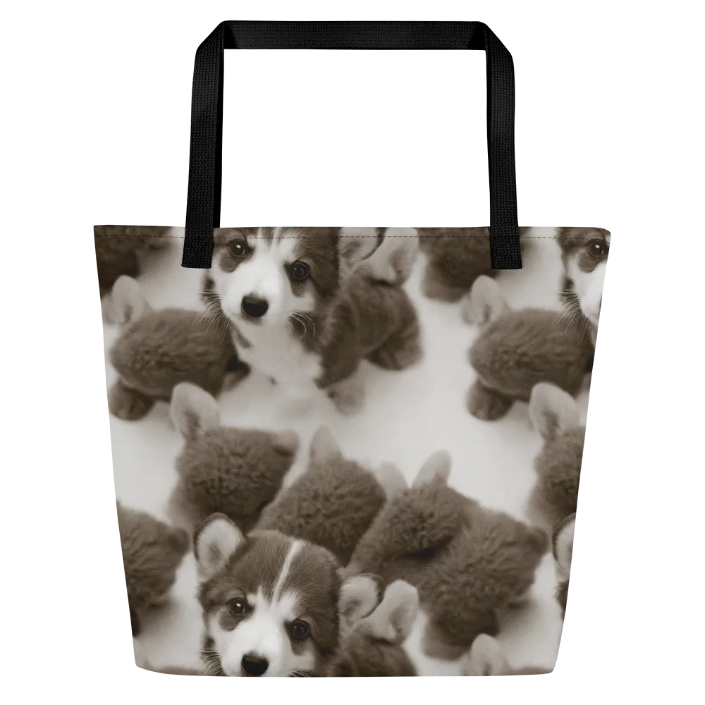 Sepia Puppy Parade on Large Tote Bag W/ Pocket — Front