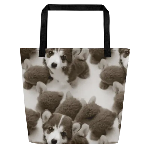 Sepia Puppy Parade on a Large Tote Bag W/ Pocket