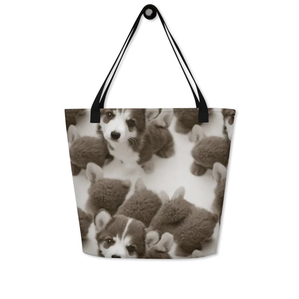 Sepia Puppy Parade on Large Tote Bag W/ Pocket — Front