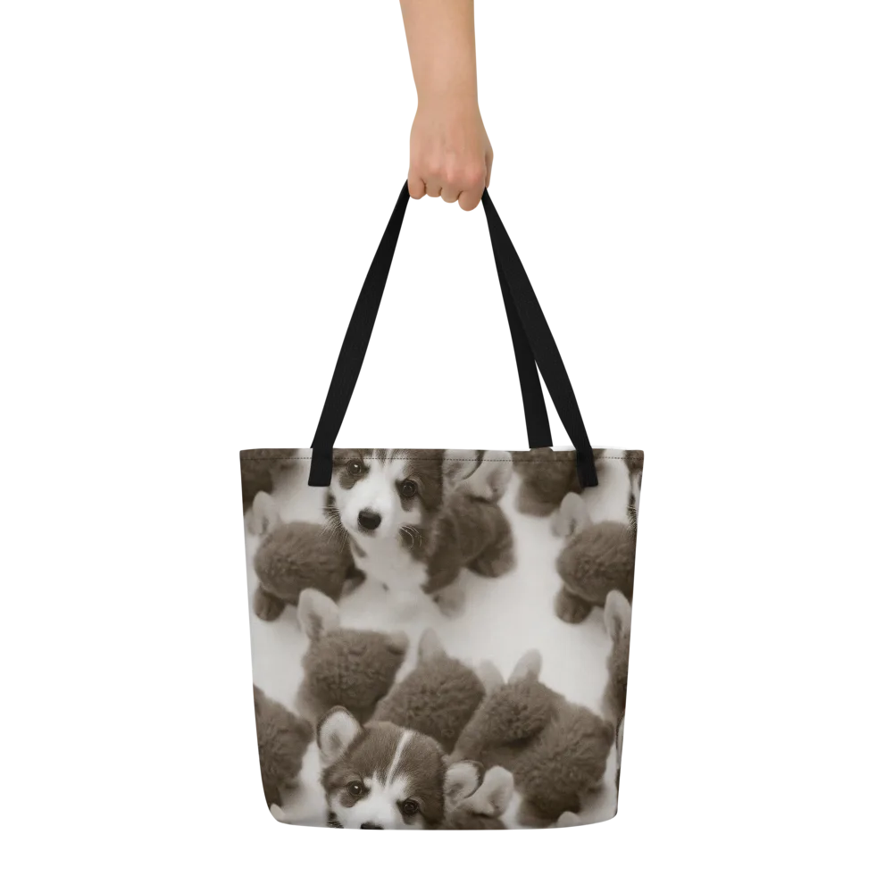 Sepia Puppy Parade on Large Tote Bag W/ Pocket — Front