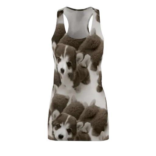 Sepia Puppy Parade on a Racerback Dress