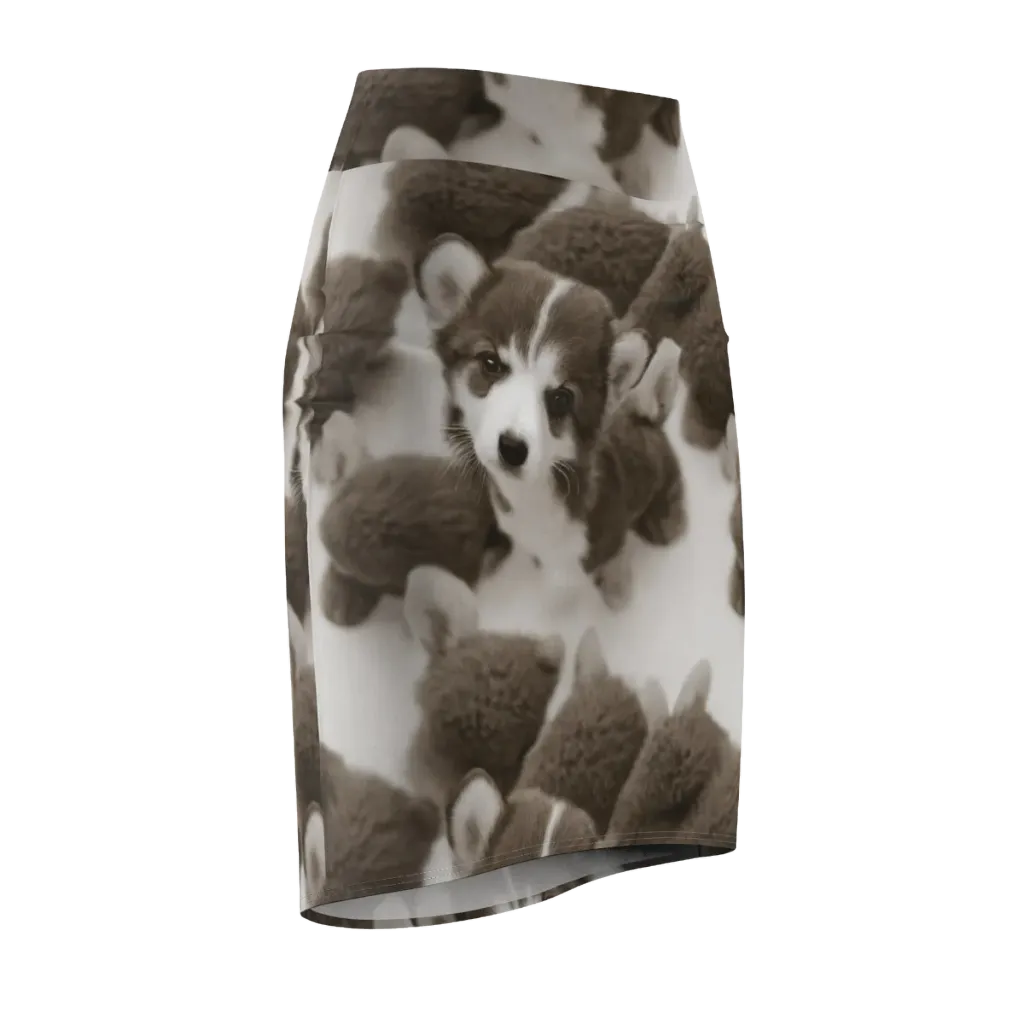 Sepia Puppy Parade on Pencil Skirt — Front Side