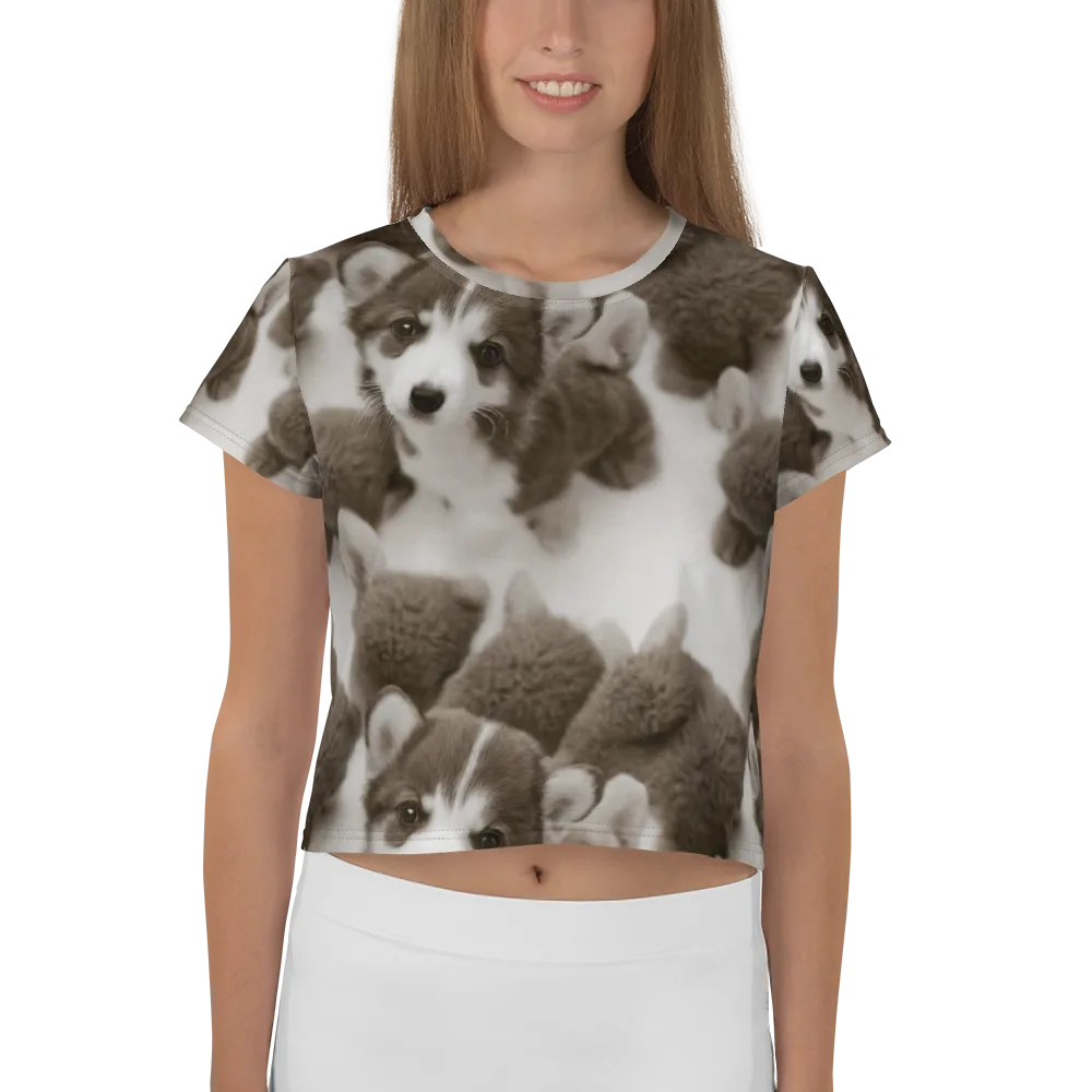 Sepia Puppy Parade on Crop Tee — Front