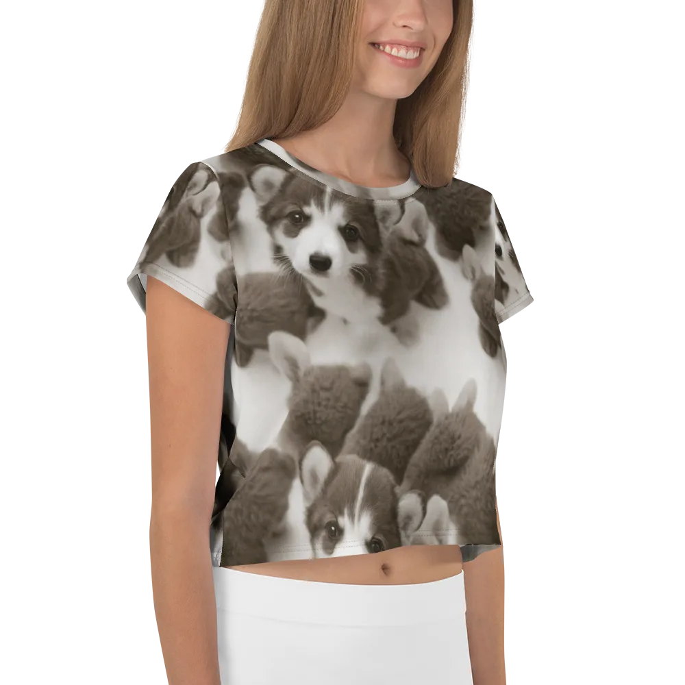 Sepia Puppy Parade on Crop Tee — Right