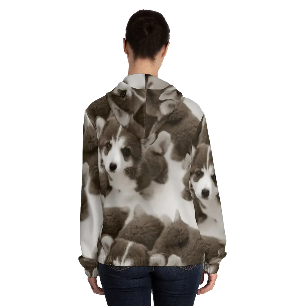 Sepia Puppy Parade on Women's Full-Zip Hoodie — Back On Person