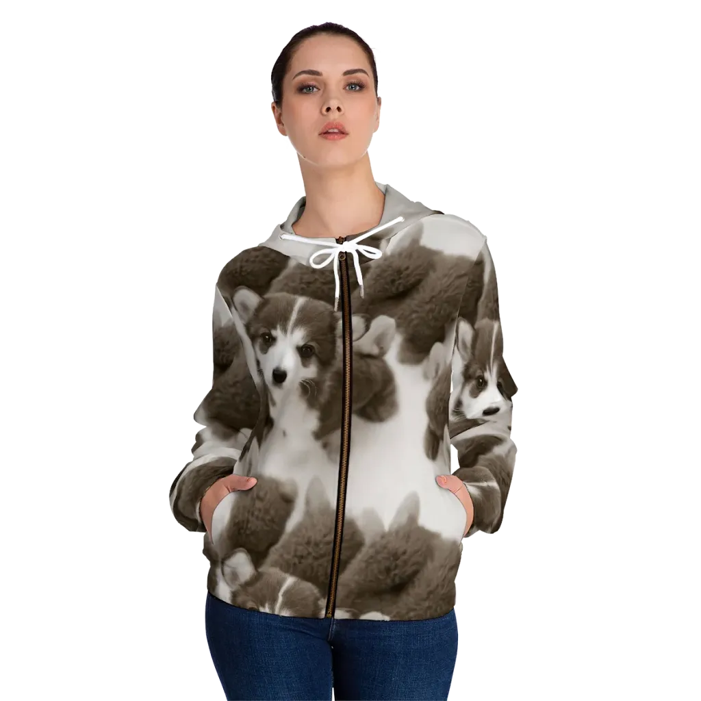 Sepia Puppy Parade on Women's Full-Zip Hoodie — Front On Person