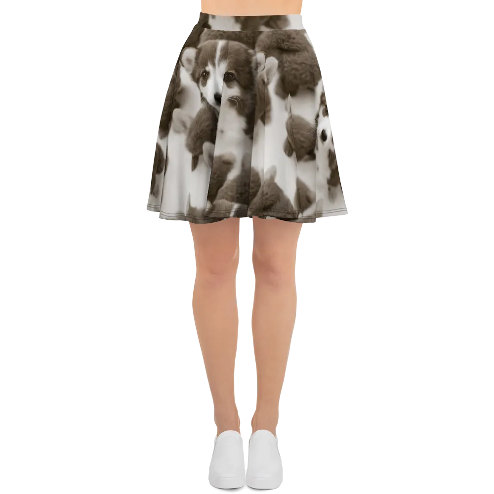 Sepia Puppy Parade on Skater Skirt — Front