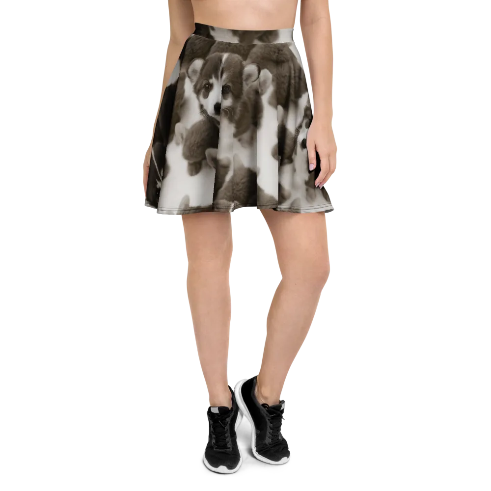 Sepia Puppy Parade on Skater Skirt — Front