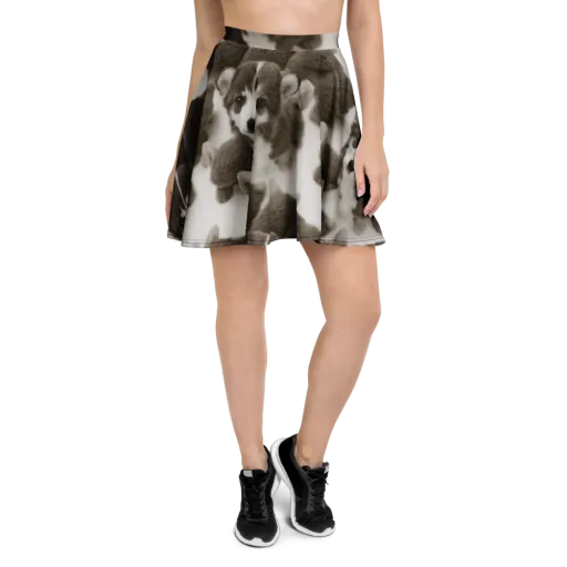 Sepia Puppy Parade on a Skater Skirt