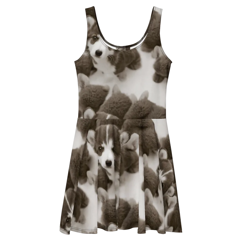 Sepia Puppy Parade on Skater Dress — Front