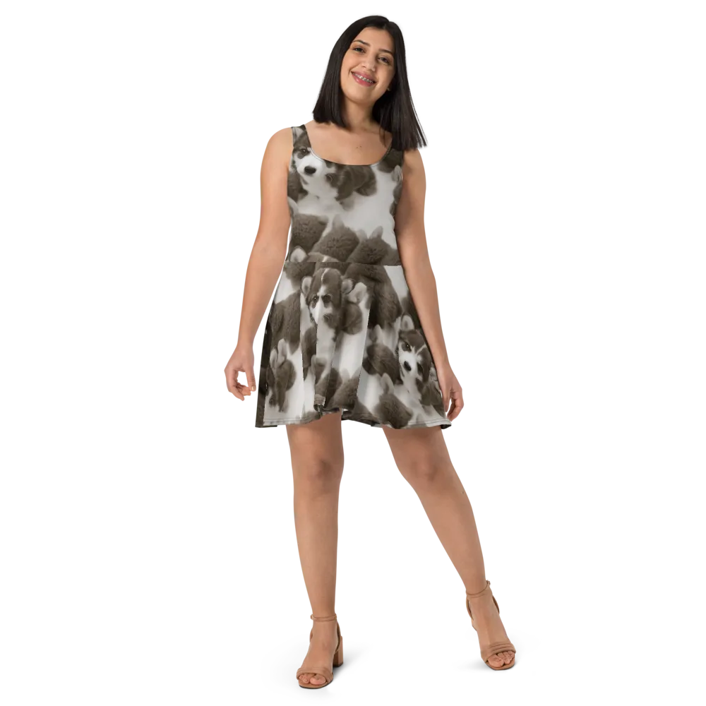 Sepia Puppy Parade on Skater Dress — Front