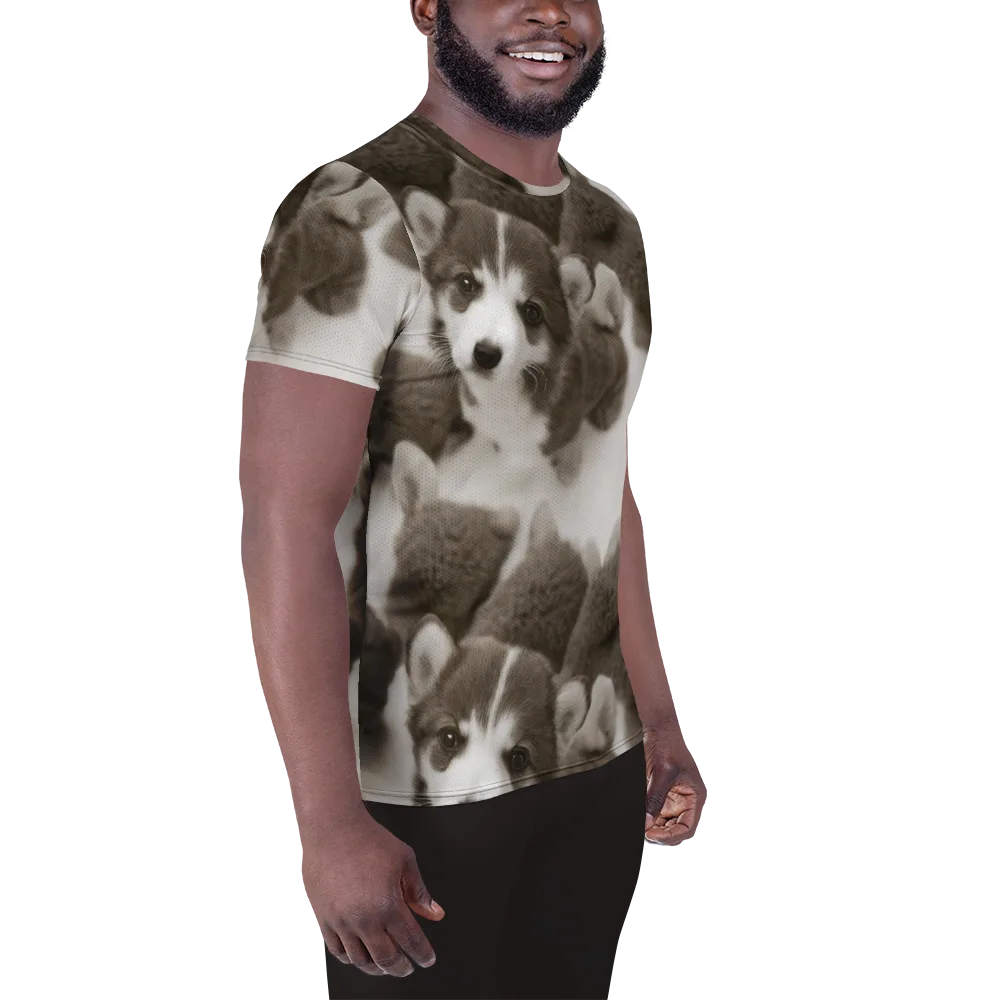 Sepia Puppy Parade on Men's Athletic T-Shirt — Right