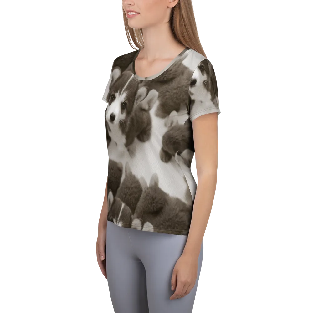 Sepia Puppy Parade on Women's Athletic T-Shirt — Left