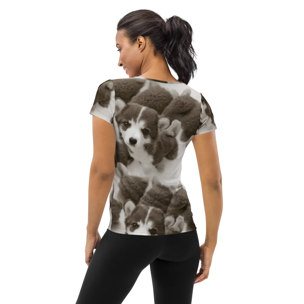 Sepia Puppy Parade on Women's Athletic T-Shirt — Back