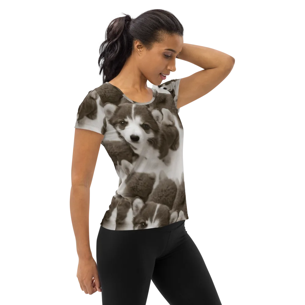 Sepia Puppy Parade on Women's Athletic T-Shirt — Right