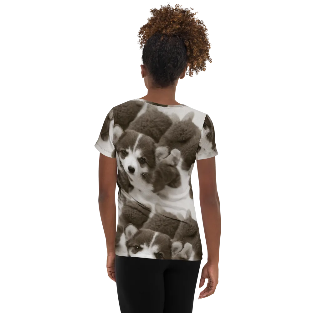 Sepia Puppy Parade on Women's Athletic T-Shirt — Back