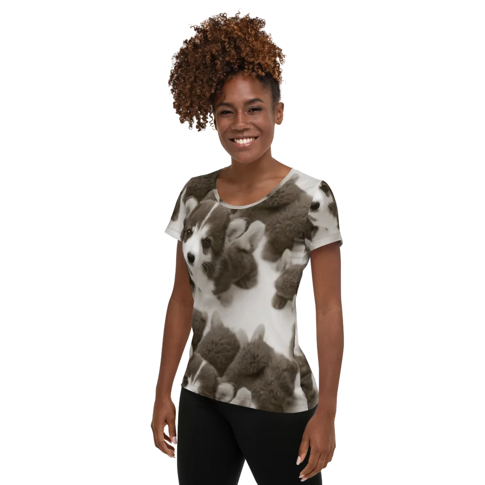 Sepia Puppy Parade on Women's Athletic T-Shirt — Left
