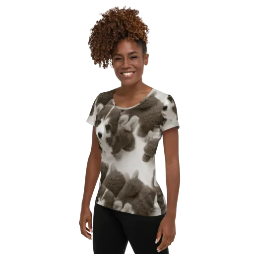 Sepia Puppy Parade on a Women's Athletic T-Shirt