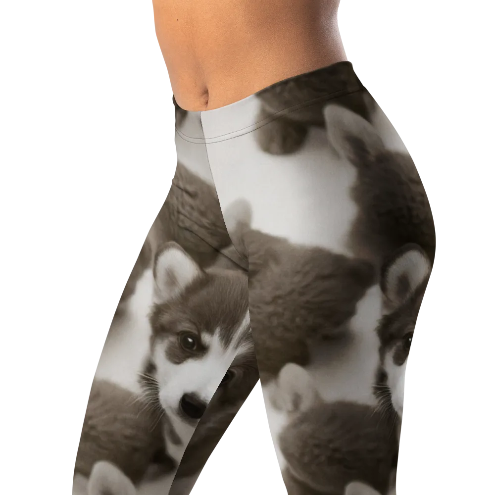 Sepia Puppy Parade on Leggings — Left Front